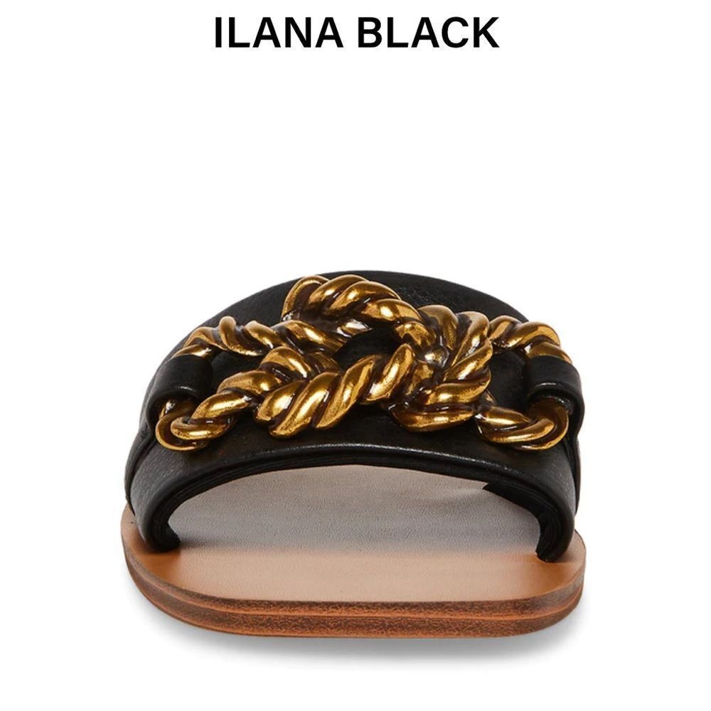 Steve Madden ILANA is a flat sandal with gold hardware accents and a square toe